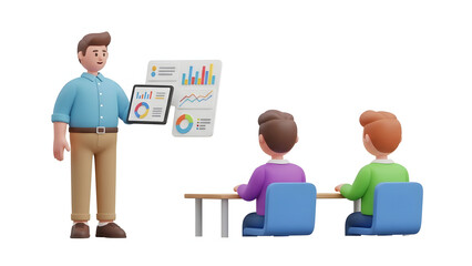 An instructor presents a data analysis on a digital tablet to a small group of students. The scene is presented in a modern, illustrative style