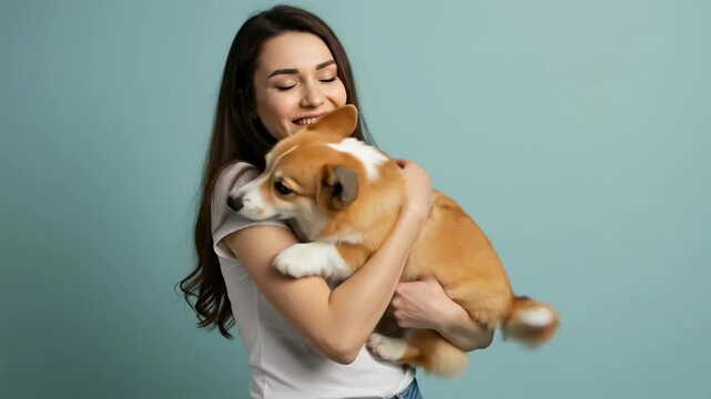 Woman joyfully embracing her playful corgi puppy. capturing happiness and unconditional love together.