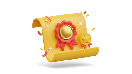 A Certificate and golden badges, celebrating achievement. The certificate is rolled with two gold badges with a star shape and confetti on the side. The image represents accomplishment and honor