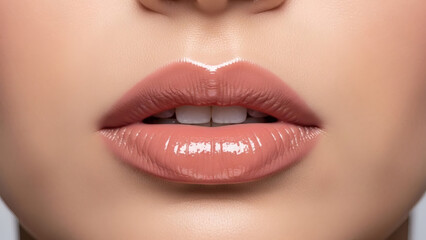 Glamorous Close-up of a Woman's Full, Moist, Pinkish-Nude Lips with a High-Gloss Finish, Perfectly Shaped and Defined, Ideal for Beauty and Fashion Content
