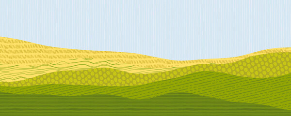 Naklejka premium Rice or corn field pattern with farm landscape and sky background for abstract agriculture design. Yellow green Tuscany or Japanese banner for eco friendly design. Agriculture farmland texture.