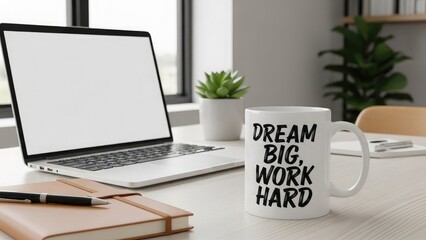 White mug with motivational text on a desk coffee mug