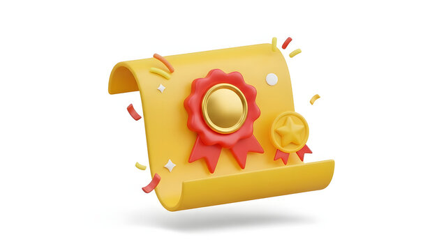 A Certificate and golden badges, celebrating achievement. The certificate is rolled with two gold badges with a star shape and confetti on the side. The image represents accomplishment and honor - Powered by Adobe