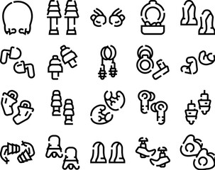Hearing protection earplugs line icons set