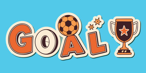 Cute soccer sticker sheet collection, kawaii cartoon vector illustrations of football elements, trophy and fan gear with white border.