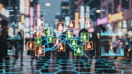 Futuristic City Surveillance - AI Facial Recognition and Data Analysis. - Powered by Adobe