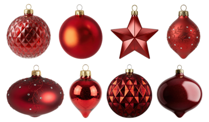 Collection of eight shiny red christmas tree ornaments, including round, star, and teardrop shapes, isolated on transparent background