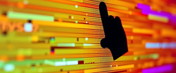 Close-up of a stylized vector hand cursor on a digital screen, background, arrow