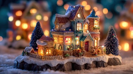 A glowing miniature Christmas village house sits in the snow surrounded by festive lights and trees