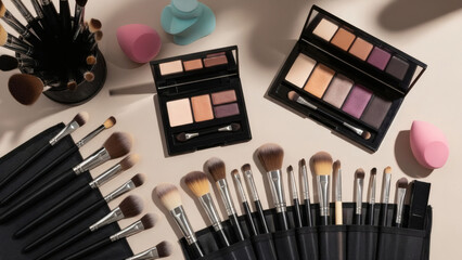 A comprehensive array of professional makeup brushes, eyeshadow palettes, and beauty sponges for flawless cosmetic application and artistic expression in a flat lay setup