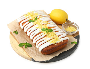 Tasty lemon cake decorated with icing, zest and mint isolated on white