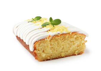 Tasty lemon cake decorated with icing, zest and mint isolated on white