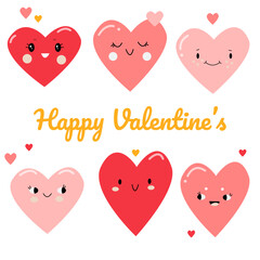A set of cute hearts with different emotions for Valentine's Day or a wedding