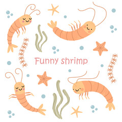 A set of cute funny shrimp in the sea among seaweed and starfish. Great for menus and children's illustrations.