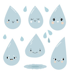 A set of cute funny water droplets with different emotions.