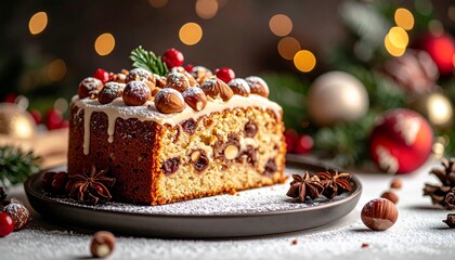 Christmas Fruitcake with Nuts and Icing.