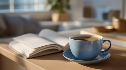 A stress-free minimalist workspace with soft natural light, clean desk surfaces, and a single open notebook beside a calming cup of coffee — productivity without clutter, serene home office design,