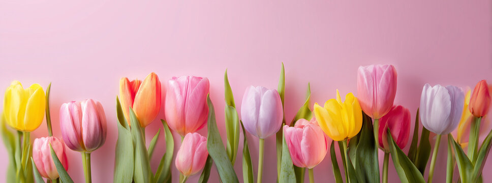 Spring holiday banner. Bouquet of pink tulips on pink background. Mothers day, Valentines Day, Birthday celebration concept
