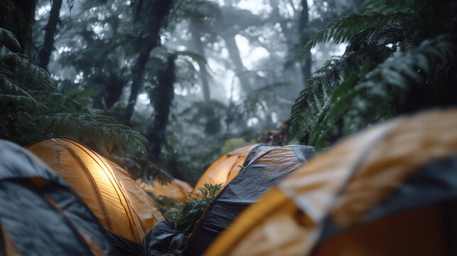 Dense morning fog rising over a jungle expedition camp as explorers unzip their tents, headlamps cutting through swirling mist while distant howler monkeys echo across the canopy &mdash; immersive