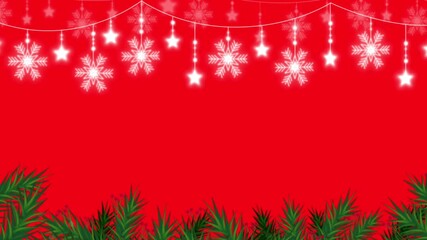 red christmas background Animated holiday background with a lower border of pine branches and hanging glowing string lights shaped like stars and snowflakes on a vibrant red background - Powered by Adobe