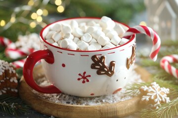 Tasty cocoa with marshmallows, candy canes, gingerbread cookies and Christmas decor on table, closeup
