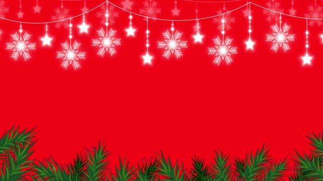 red christmas background Animated holiday background with a lower border of pine branches and hanging glowing string lights shaped like stars and snowflakes on a vibrant red background