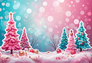Pink and turquoise watercolor background with stylized patterned Christmas trees bright red ornaments festive ribbons soft bokeh