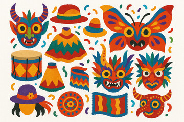 Obraz premium Peruvian carnival vector icons in torn textured tight grid on white background