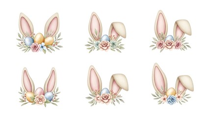 Obraz premium A charming vector collection of six individual watercolor illustrations depicting soft, plush Easter bunny ears emerging from delicate floral arrangements