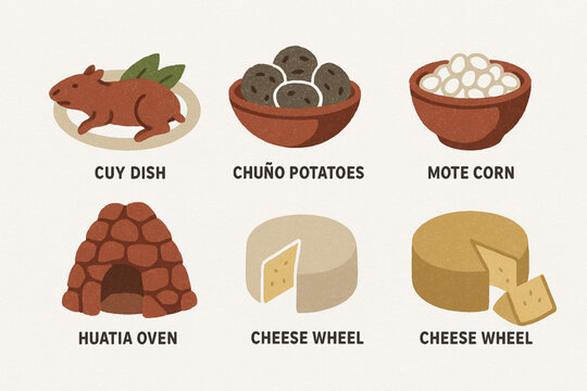 Andean highlands cuisine vector icons in torn textured structured grid on white background