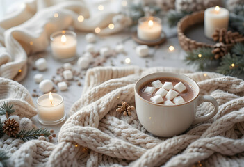 Cozy winter flat lay with knitted blanket candles hot cocoa and pine branches in warm tones
