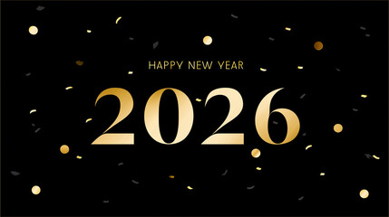 Digital illustration of Happy New Year 2026 with gold text and confetti on black background