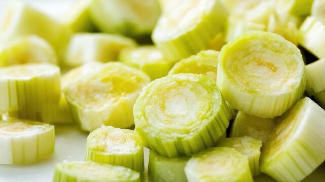Video Fresh cut celery slices arranged on a kitchen cutting board, ready for use in various recipes