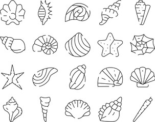 Seashells and starfishes marine life line art icons