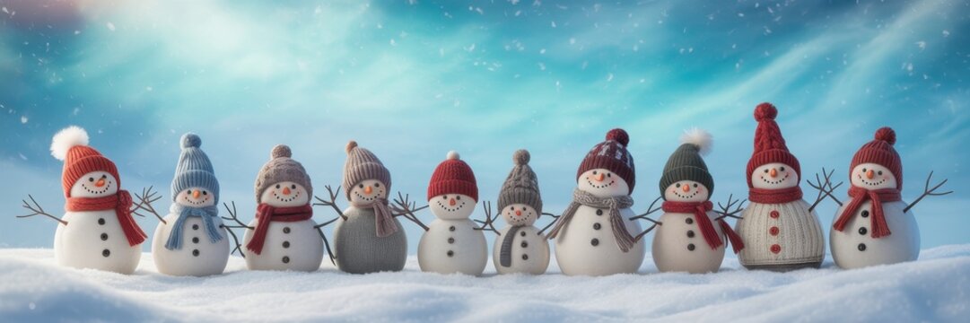 Row of cute knitted snowmen standing in winter snow - Powered by Adobe