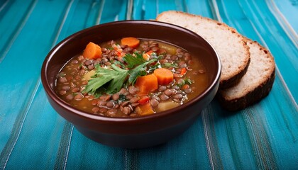 hearty lentil soup brimming with carrots celery and herbs served with bread
