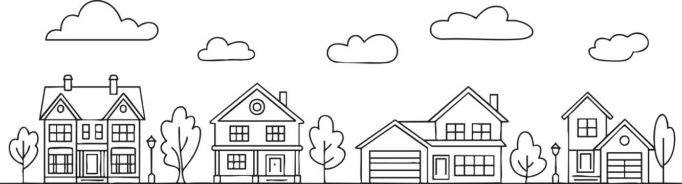 Charming handdrawn neighborhood houses outline seamless pattern featuring trees streetlights and fluffy clouds simple line art vector illustration