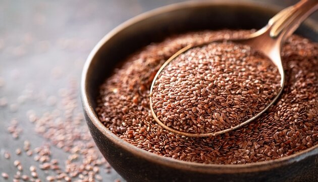 ground flaxseed with spoon for healthy eating and dietary fiber nutrition boost