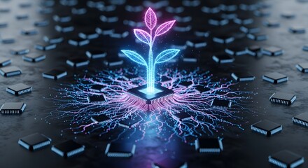 Digital plant growth concept shows technology innovation and sustainable development