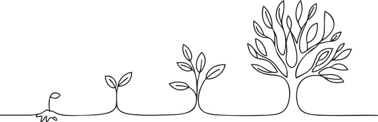 Continuous line drawing illustration depicting plant growth evolution from a tiny seedling to a mature tree