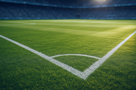 Wideangle view of an empty soccer field corner on a sunny day in a large stadium with green grass and white lines - Powered by Adobe
