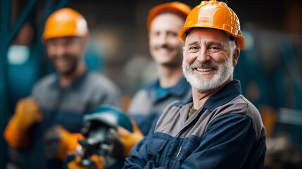 Mature Caucasian man in safety gear smiling at industrial site with colleagues in background