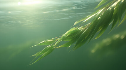 Underwater view of green seaweed swaying in sunlight, concept for tranquility and marine ecosystem
