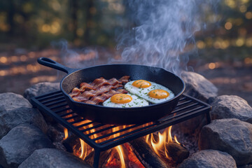 Cast iron skillet with sizzling bacon and sunny side up eggs cooking over open fire in outdoor setting during morning camping trip