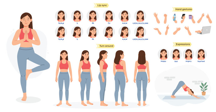 Yoga Woman Character Animation Set with Poses, Gestures, Expressions, Lip Sync and Turnaround Vector Illustration. Yoga Female Character Constructor with Front, Side and Back View, Body Parts and Pose