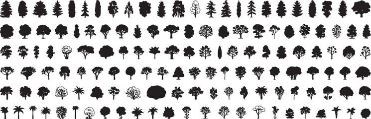Diverse black tree silhouettes set representing various plant species perfect for nature inspired design projects