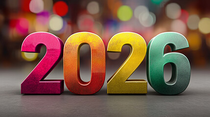 Three-dimensional block-letter rendering of the year 2026 with vibrant colors on a dark surface