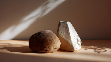 Two textured rocks, one rounded and one angular, are beautifully lit against a soft background, highlighting their natural forms and shadows.
