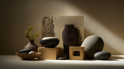 A serene arrangement of textured stones, vases, and natural elements, highlighting earthy tones and minimalist design.