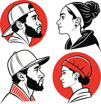 Modern Black and White Profile Portraits of Diverse Young Adults with Red Accents
